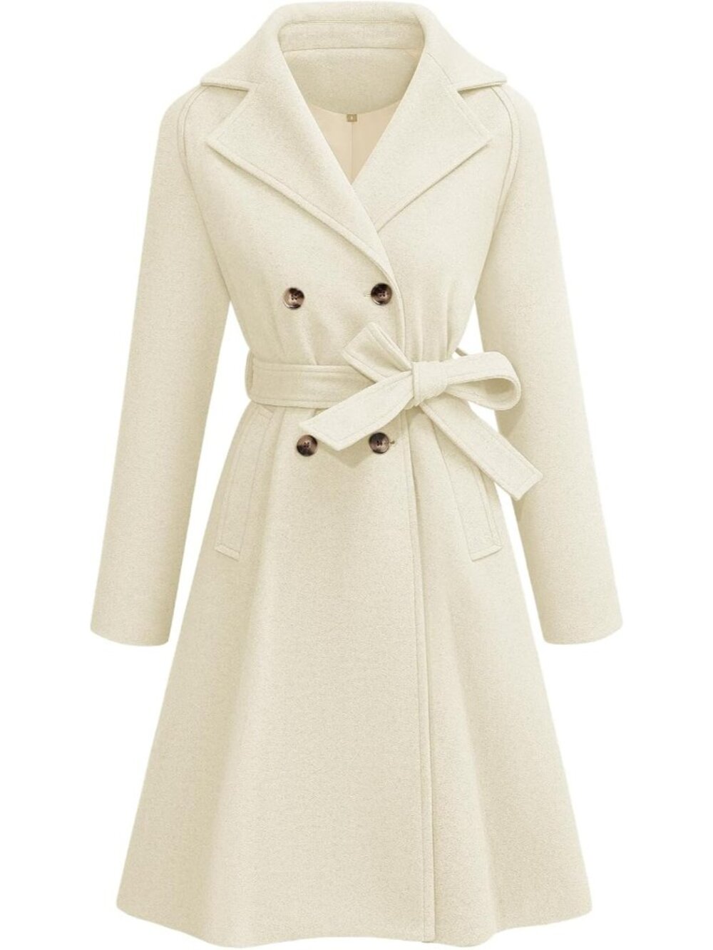 Women's Double Breasted Coat Jacket Beige Fall Slim Long with Belt Pockets